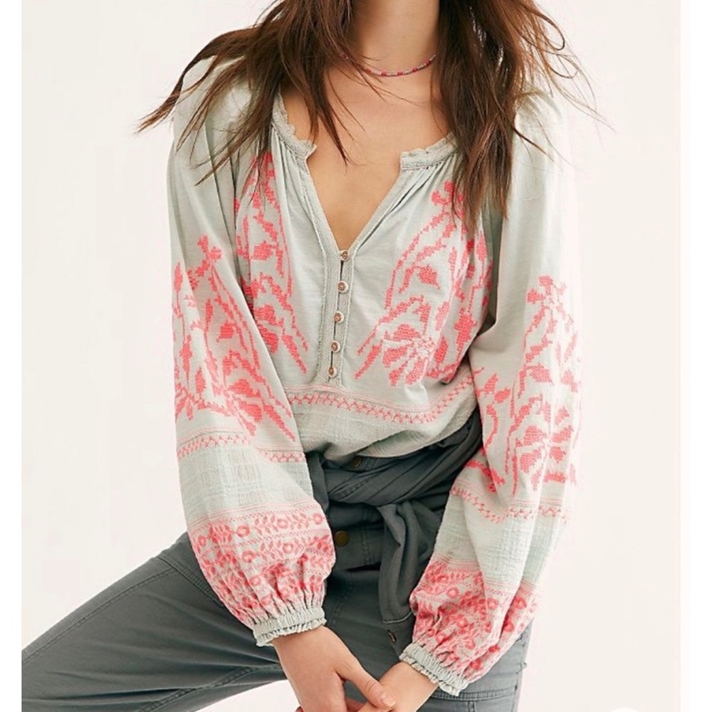 Free People Persuasion Embroidered Folk Peasant Blouse Mint Neon Pink Boho Med